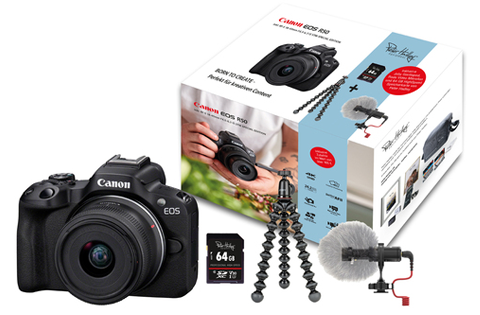 Canon EOS R50+18-45mm IS STM sw Special Edition mit Stativ+Mikrofon+PH 64GB SD